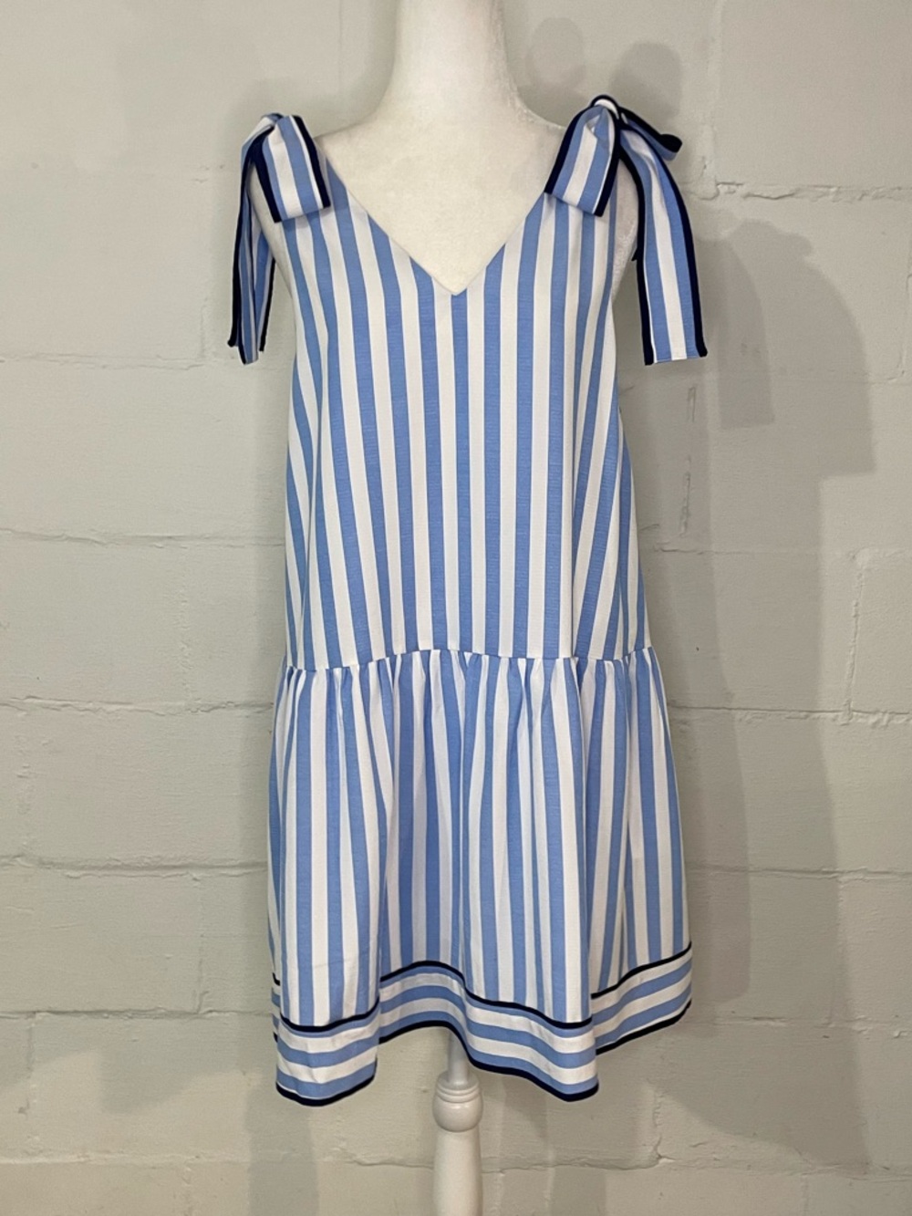 entro Blue and White Vertical Stripe Tie-Shoulder Dress